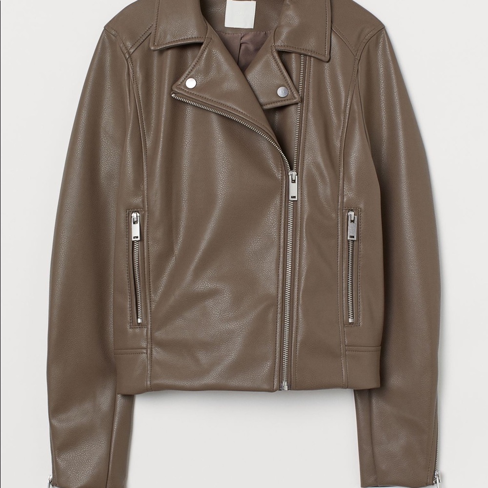 Taupe Faux Leather Biker Jacket